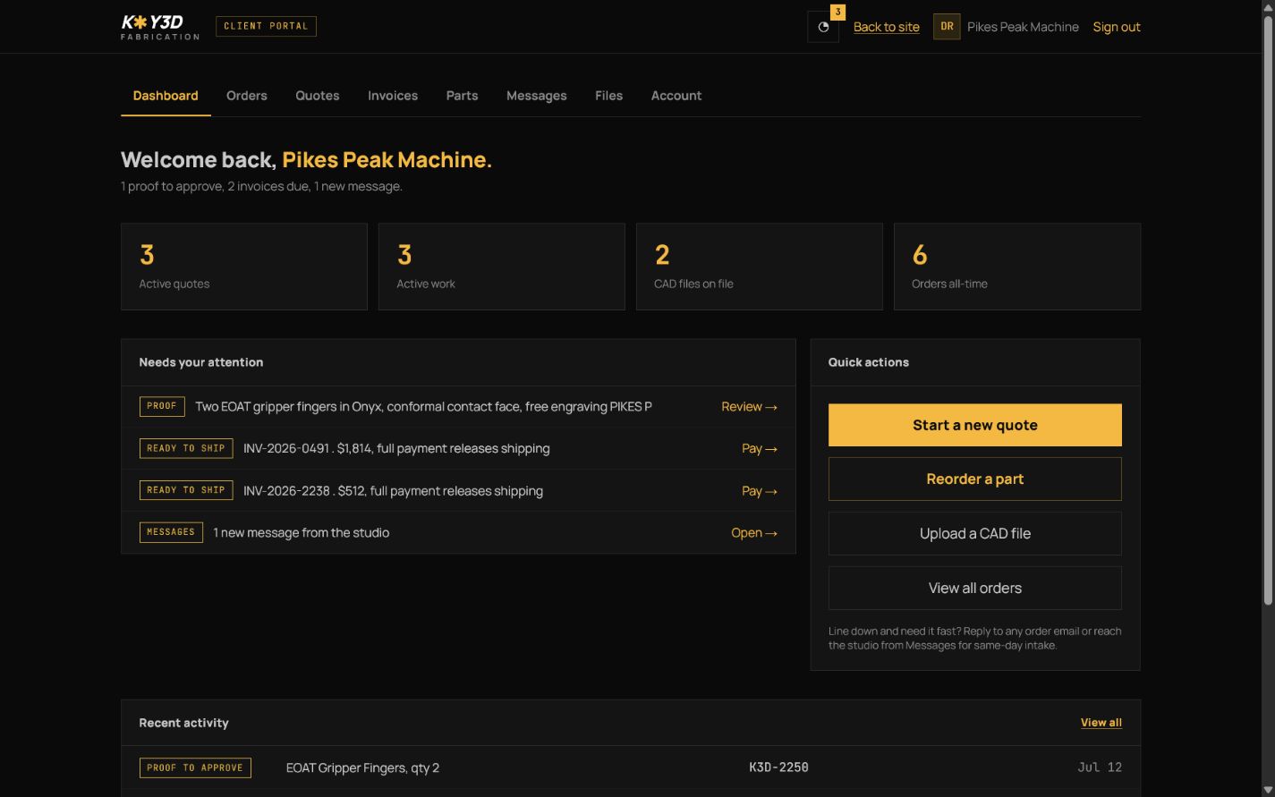 Fictional Key3D client portal dashboard showing project status, quote activity, and project actions.